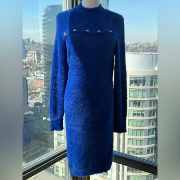🆕 VERSACE JEANS COUTURE 🧿 NWOT Royal Blue Faux Fur Knit Dress, Buttons - Sz XL - Picture 10 of 16